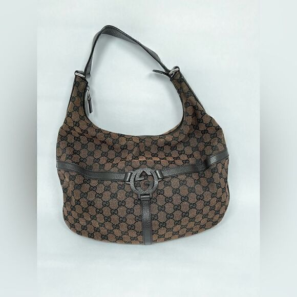 Gucci Reins GG Web Canvas Leather Trimmed Logo Large Hobo Bag Brown - Picture 1 of 10